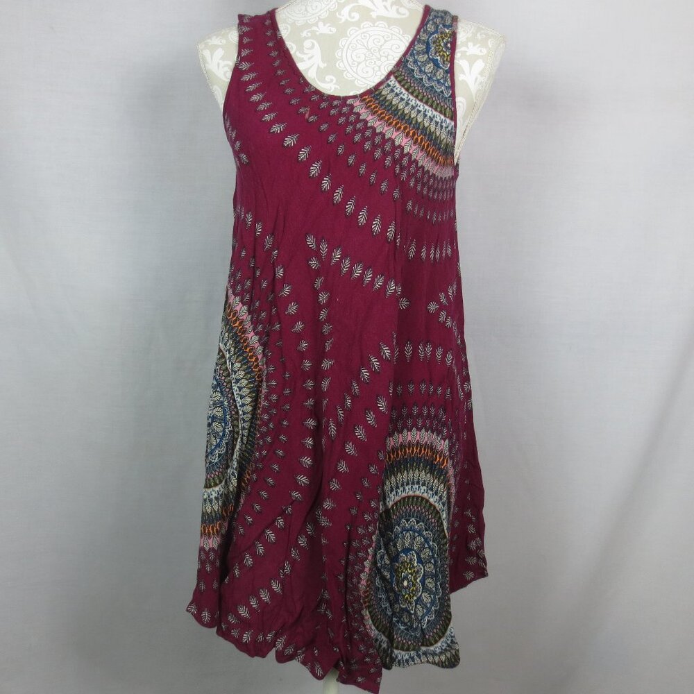 Unlisted Dress Burgundy Multi Mandala Boho Print Sleeveless Rayon Flowy Size M
